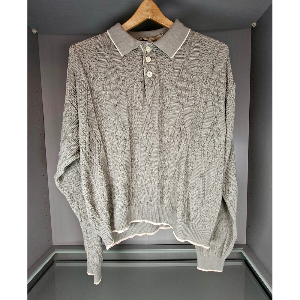 Haband Mens Long Sleeve Polo Sweater Grey Diamond Knit Textured Vintage XL